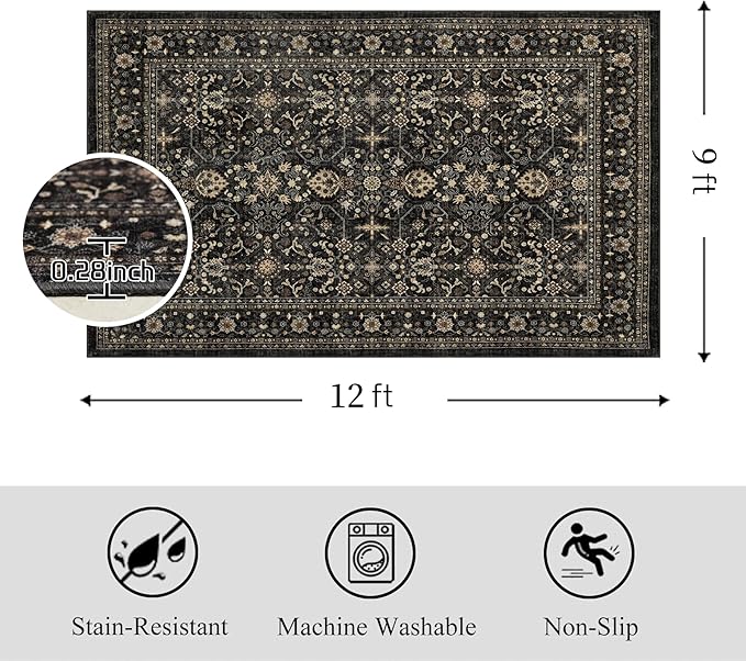 Ruaruarug Area Rug Non Slip Machine Washable Ultra Soft Living Room/Bedroom/Kitchen/Outdoor/Classroom, Black Grey, 9'×12'