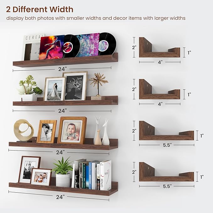 Axeman Picture Ledge Shelf | 24 Inch Walnut Floating Shelves Set of 4 | Rustic Wood Wall Shelves with Lip | 24" Walnut Picture Shelves for Wall with Ledge | Photo Shelves