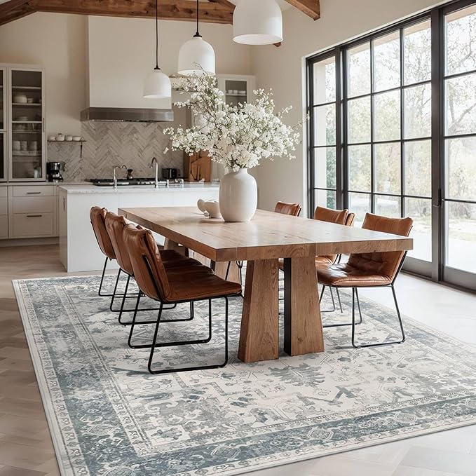 Rugxara Area Rugs 5x7, Washable Rugs for Living Room, Vintage Boho Light Blue Rug for Office, Dining Room, home decorKids Room and Farmhouse,Home Decor Durable Low Pile Non-Slip for High Traffic Areas