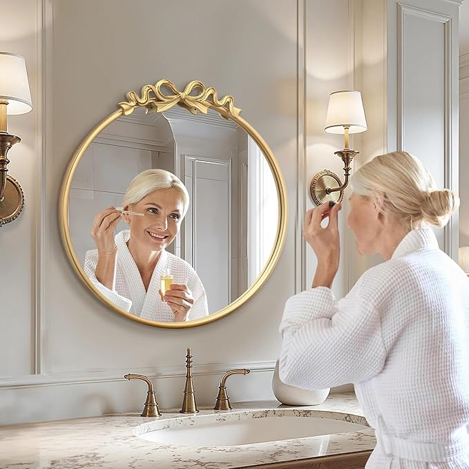 Besdomus Vintage Gold Mirror: 27" Bow Round Wall Mounted Mirror - Baroque Traditional Ornate for Entryway/Fireplace/Bathroom/Hallway - Home Decor for Fashion-Conscious