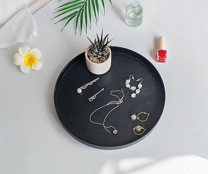 Round Black Serving Tray (11 inch) - Bathroom Countertop, Kitchen Decor, Vanity & Coffee Table Tray | Farmhouse Modern Boho, Organizer Tray