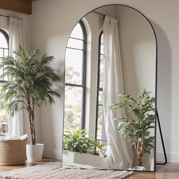Suidia 82"x44" Arched Full Length Mirror with Stand, Full Body Mirror with Aluminum Frame, Freestanding/Leaning/Wall-Mounted, Floor Mirrors for Bedroom, Living Room, Entryway, Dressing Room, Black