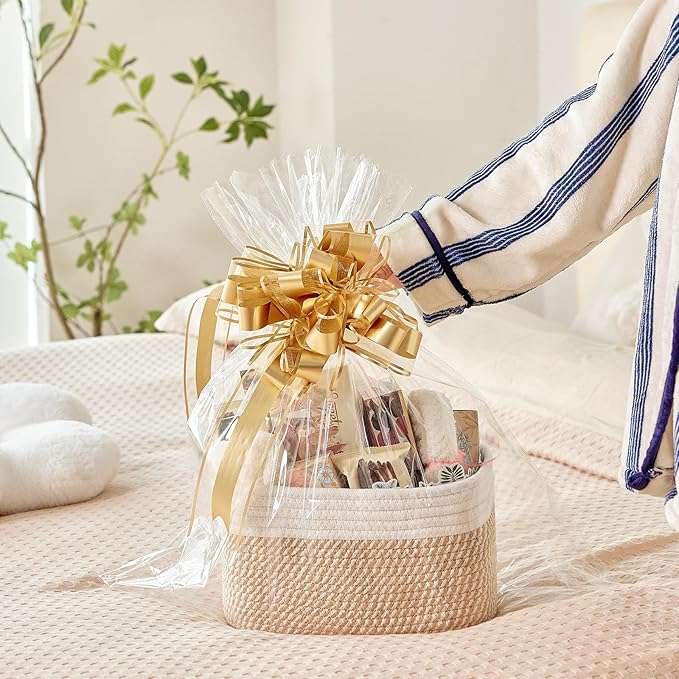 R RUNKA Small Cotton Rope Basket – Storage Bin for Organizing (10.6" x 6.7" x 6.7"), Bathroom Storage Basket for Shelf, Counter & Closet（White & Mixed Camel）