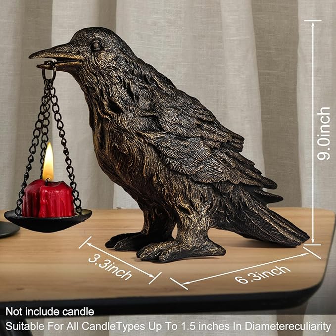 Gothic Crow Lamp with Tealight Candle Holder Resin Raven Decor Statue Gothic Home Decor for Bedroom Unique Goth Gifts Half Gold 2P