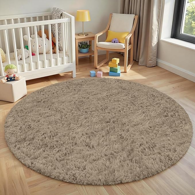 Gray Camel Round Fluffy Rug 6ft,Soft Bedroom Circle Rugs Mats for Kids Girls Nursery Room,Washable Plush Shaggy Indoor Non Slip Rug for Bedside Living Room Bedroom Circular Carpet,Home Decor Aesthetic