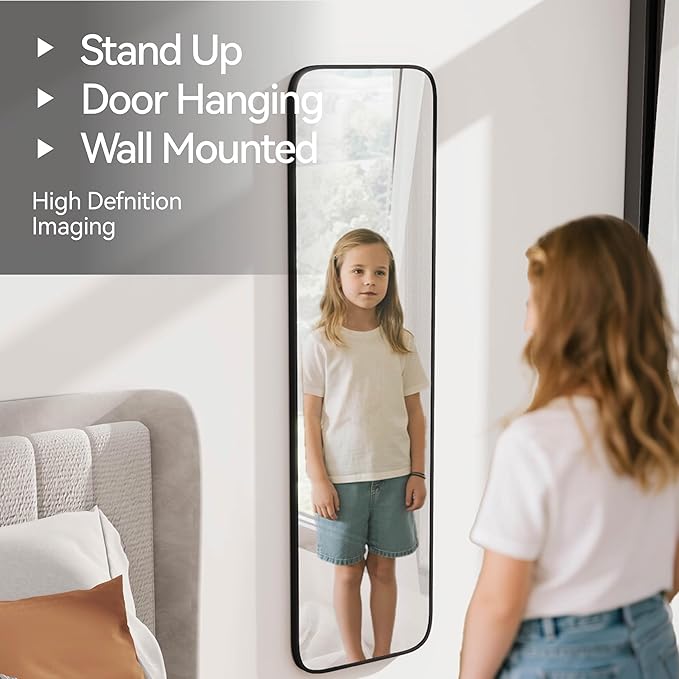 SCWF-GZ 57x16 Door Hanging Full Length Mirror, Floor Stand (Height 5.7ft just Body in1.3ft) Wall Mounted Metal Frame Rectangle Dressing Mirrors for Bedroom Bathroom Room 57 inch Black