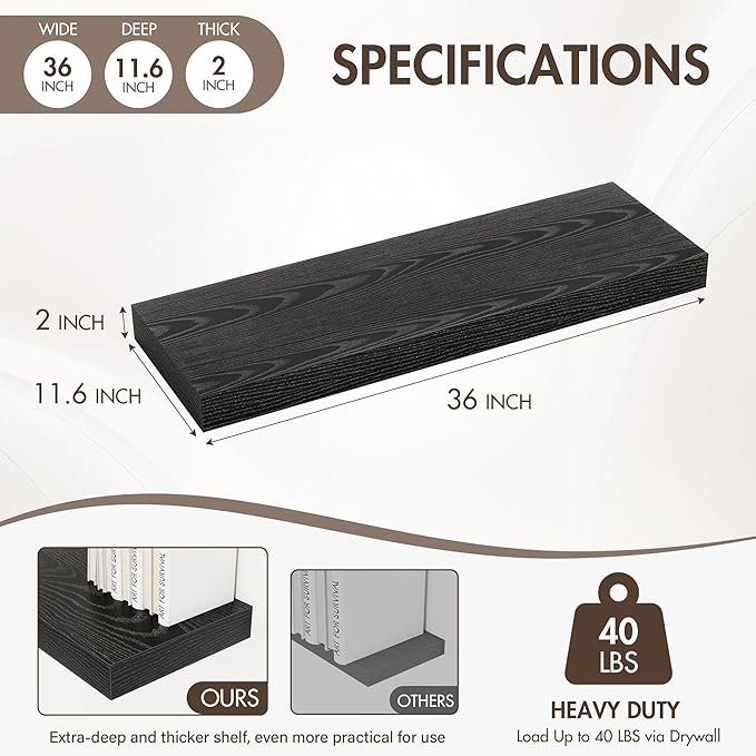 Acovy 36 Inch Floating Shelves, 12" Deep Floating Shelf Wall Mounted, 36" Wall Shelves, Rustic Deep Bookshelf, Extra Deeper & Thicker Display Shelves for Bedroom, Living Room, Black, Set of 2