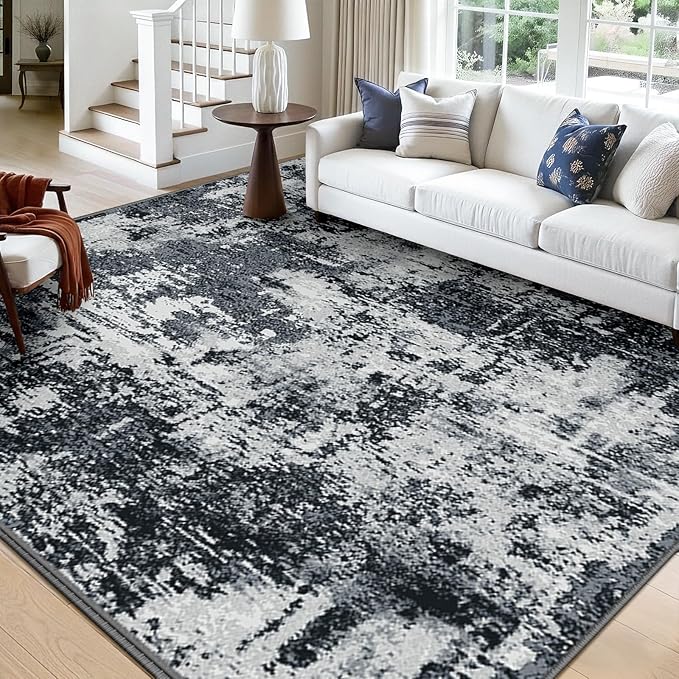 RELEANY Washable Area Rugs Square 10ft Non-Slip Modern Abstract Soft for Living Room Entryway Bedroom Nursery, Print Pattern, Black Navy Blue Gray