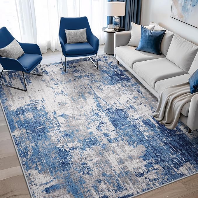 RELEANY Washable Area Rugs 5'x8' Non-Slip Modern Abstract Soft for Living Room Entryway Bedroom Nursery, Print Pattern, Blue Grey Navy Gray