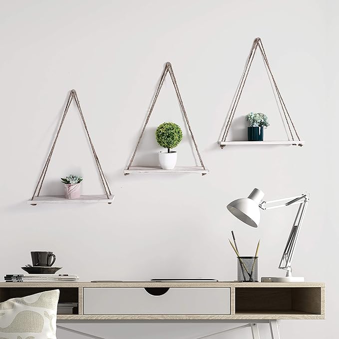 17 x 5 inch Wall Hanging Floating Shelves, Distressed Wood Farmhouse Organizer, Rustic Home Décor for Living Room Bathroom Bedroom Kitchen Apartment, Set of 3, Wash White