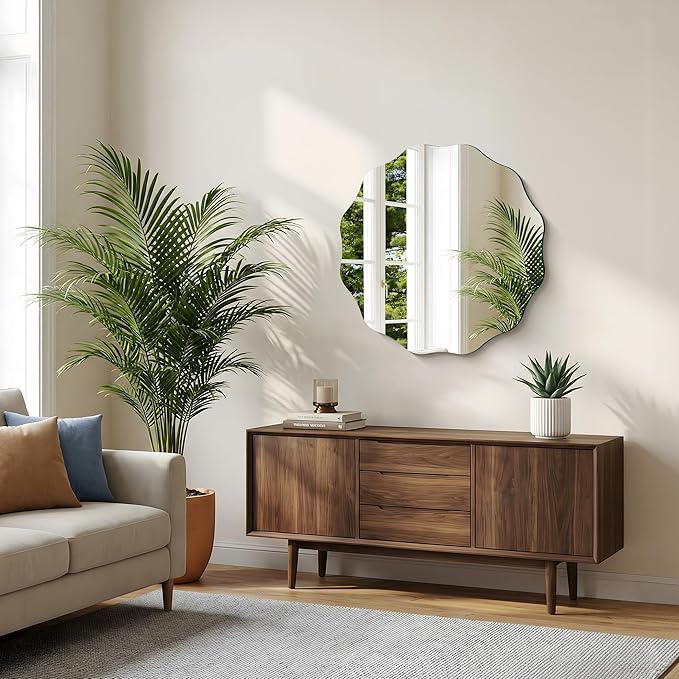CILIBER Frameless Wavy Round Mirror, 28'' Scalloped Circle Wall Mirror, 3mm Tempered Glass Decorative Bathroom Vanity Mirror, Mounting/Leaning for Mantel, Living Room, Bedroom and Entryway