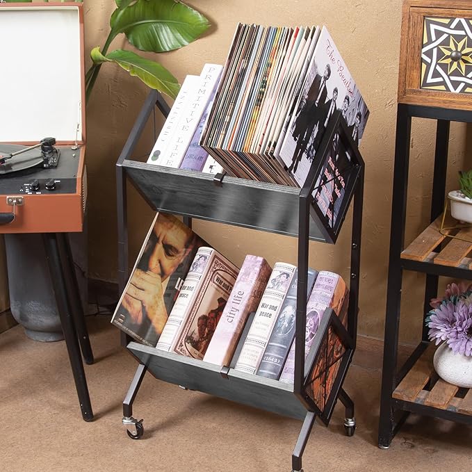 SwaaVee Vinyl Record Storage Holder with Wheels, 2-Tier Record Holder 160-200 LP with Dividers, Retro Style Quick Assembly Vinyl Record Display for Albums, Magazine, Book, Files (2 Tier- Black)