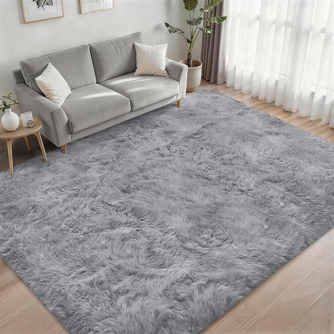 Fluffy 5x7 Area Rugs for Living Room Bedroom: Ultra Soft Shag Rug Non-Slip Non-Shedding Small Plush Bedside Rug Indoor Floor Carpets for Kids Room Playroom Entryway Nursery Dorms Home Decor Gray