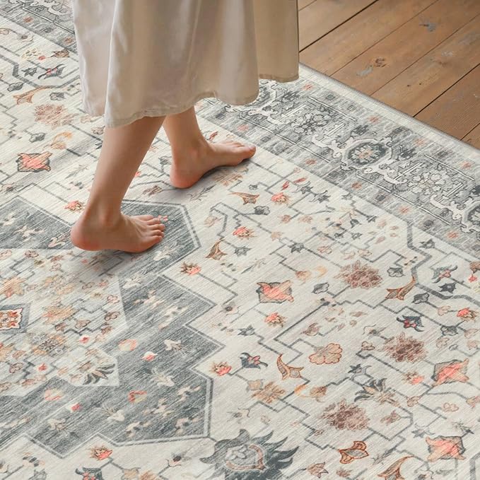 Rugxara 8x10 Washable Area Rug for Living Room, Vintage Neutral Extra Large Boho Rugs for Office, Kids Room, Farmhouse, Durable Low Pile Non Slip Carpet for High Traffic Areas, Taupe