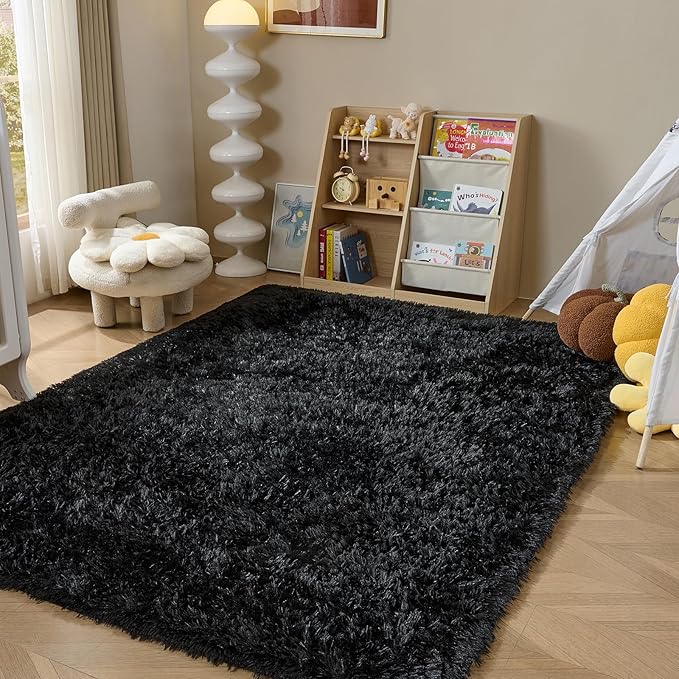 Fluffy Area Rugs for Bedroom - Soft Plush Shag Rug for Living Room Nursery Kids Room - Non Slip Fuzzy Shaggy Floor Carpets for Girls Boys Play Room Dorm Decor (Black, 9' x 12')