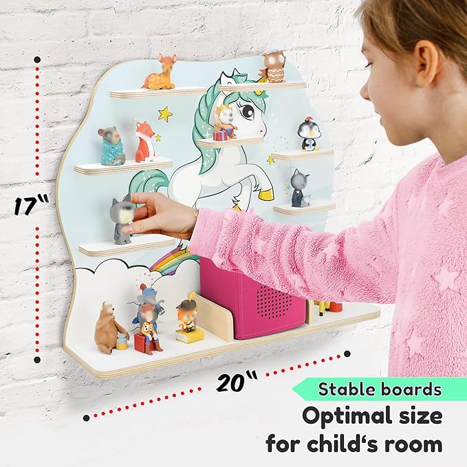 stadtecken Wooden Shelf for Music Box I Suitable for The Toniebox and ca. 50 Tonies I Perfect Storage in The Children's Room I for Setting up or Hanging (Large, Unicorn)