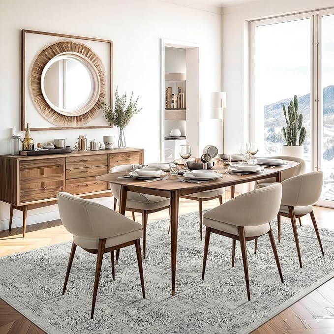 Soalmost 5x7 Area Rugs Grey Low Pile Indoor Washable Trendy Faded Style Floral Rugs for Bedroom Living Room Dining Room Foldable Non-Slip Thin Print Mat
