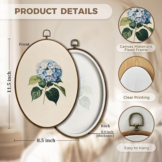 JQF Blue Hydrangea Floral Oval Wall Decor, Cottagecore Floral Botanical Oval Canvas Wall Art, Neutral Antique Flower Framed Prints Hanging Decor for Home Bedroom Living Room, 8.5x11.5 Inch Set of 2