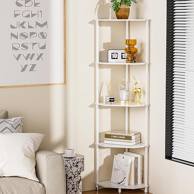5-Tier Corner Shelf Stand Marble White 50.2" Bathroom and Kitchen Corner Shelves for Small Spaces Organization & Storage Kitchen Decor Accessories