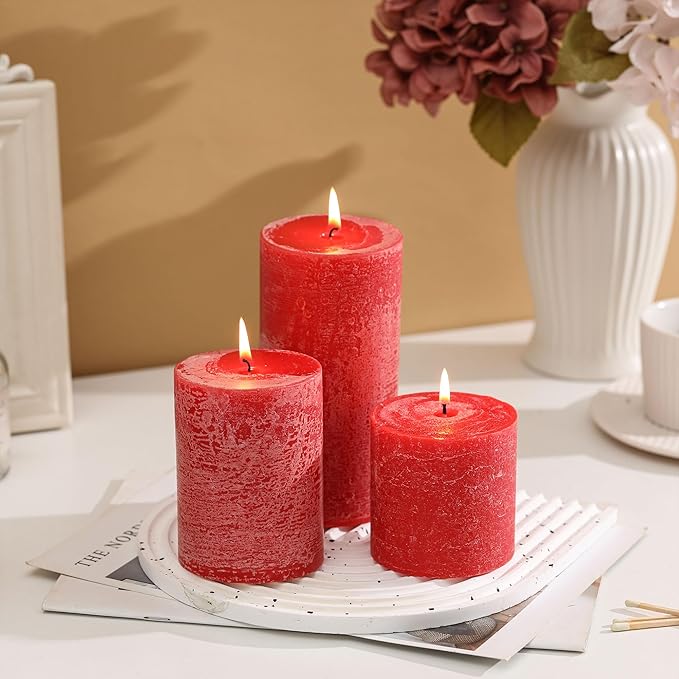 3x6 Inch Bright Red Pillar Candles Set of 3 - Hand-Poured Unscented Candles, Long Clean Burning, Large Big Candle, Smokeless Dripless Candle for Dinner Table, Wedding, Home, Rustic Decor