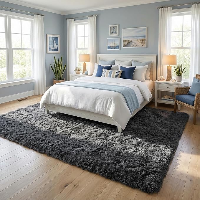 Large Area Rugs for Living Room, 9x11 Soft Fluffy Shaggy Rug, Machine Washable Non-Slip Plush Fuzzy Indoor Carpet, Aesthetic Home Decor for Bedroom,Kids Room,Nursery,Dorm, Smoky Gray