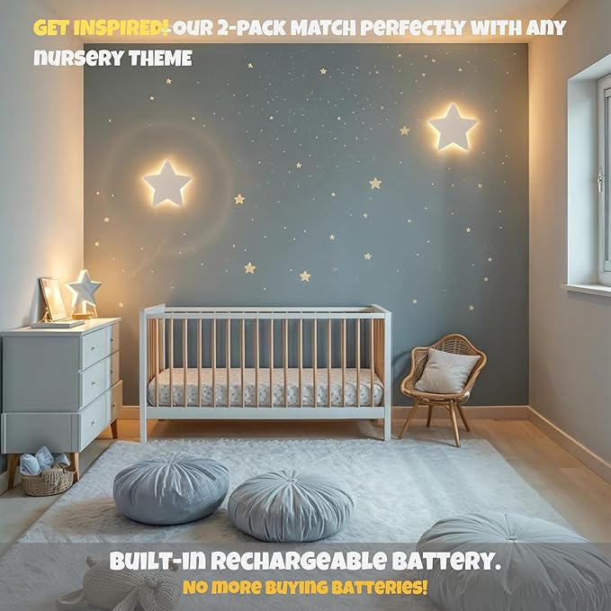 KALEOLI Star Wall Lights 2 Pack – Dimmable & Rechargeable for Kids & Baby Room Decor – Made for Bedtime Routines (Moon & Star Decals Included)