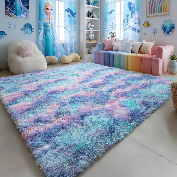 Amdrebio Blue Purple Rainbow Mermaid Rugs for Bedroom Girls Room Decor Aesthetic, 5x8 Fluffy Kawaii Area Rugs for Kids Room Nursery Dorm, Stitch Frozen Fuzzy Carpet, Cute Plush Furry Baby Toddler Rug