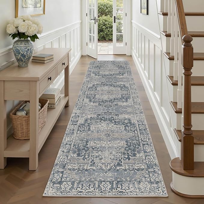 Rugxara 2'6''x8' Runner Rug, Washable Kitchen Rugs, Blue Boho Vintage Floral Hallway Runner, Non Slip Low Pile Area Rug Carpet for Hallway, Kitchen, Laundry Room and Bathroom(Blue 2.6x8ft)