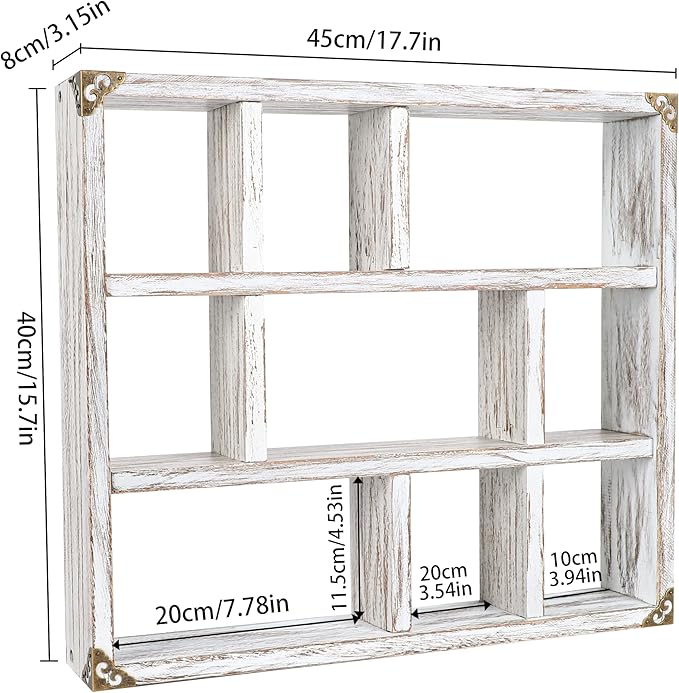 17.7x15.7-Inch Shadow Box Shelf 9-Slot Rustic Wood Floating Shelves Larger Shelf Lightweight Solid Wood Display(Set of 2,9C-Rustic White)