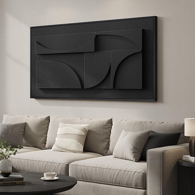 Large Framed 3D Textured Abstract Wall Art for Living Room, Horizontal Black Geometric Paintings Artwork for Walls, Modern Minimalist Pictures for Bedroom Dining Room Home Office Wall Decor 30x60