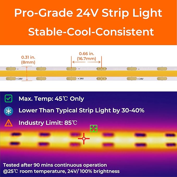 2700K COB LED Strip Lights, 24V DC Premium Flexible Tape Light with Strong 3M VHB Tape, CRI 95, UL Listed, Cuttable, Dimmable, for Hotels, Lobbies, Corridors, Rooms (NO Power Supply)