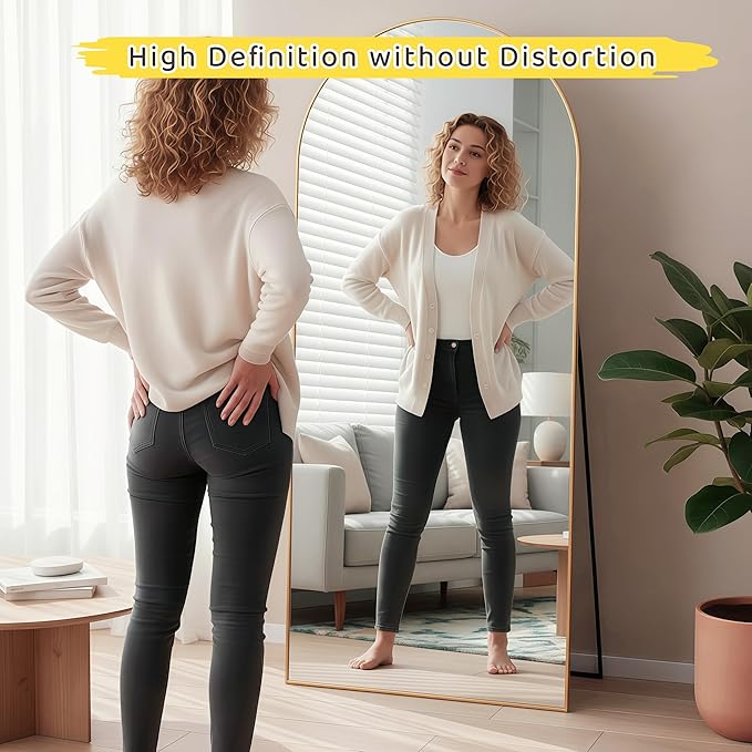 Full Length Mirror 71"x30"Arched with Stand Aluminum Alloy Frame Wall Mountable Tempered Glass Full Body Mirror, Standing Hanging or Leaning Against Wall for Bedroom and Living Room Gold