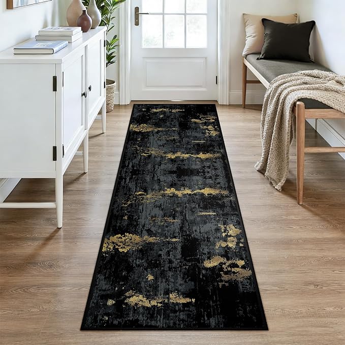 RELEANY Washable Area Rugs 3x8 Non-Slip Modern Abstract Soft for Living Room Entryway Bedroom Nursery, Print Pattern, Dark Black Gold