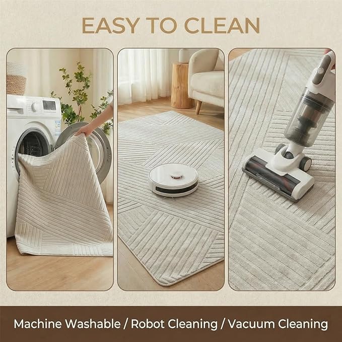 5x7 Solid Color Area Rugs, Washable Beige Modern Geometric Living Room Rug, Durable Non-Slip Soft High-Low Pile Carpet, Fluffy Floor Rugs for Bedroom, Kids Room, Nursery, Home Décor