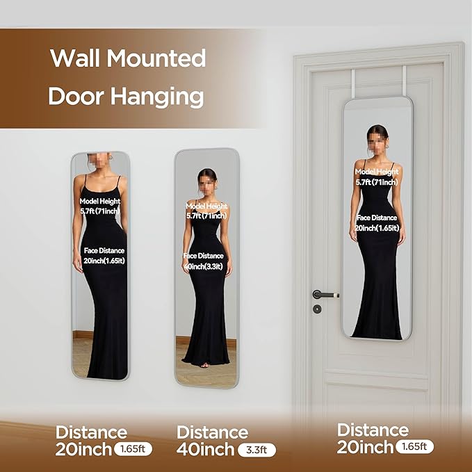 NARCISSUS 47x14 Mirror Door Hanging Full Length,Over Door or Wall Mounted Aluminum Alloy Frame Tempered Glass Rectangle Full Body Mirrors for Bedroom Dressing Living Room Bathroom 47 inch Silver