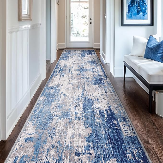 RELEANY Washable Area Rugs 2'x10' Non-Slip Modern Abstract Soft for Living Room Entryway Bedroom Nursery, Print Pattern, Blue Grey Navy Gray