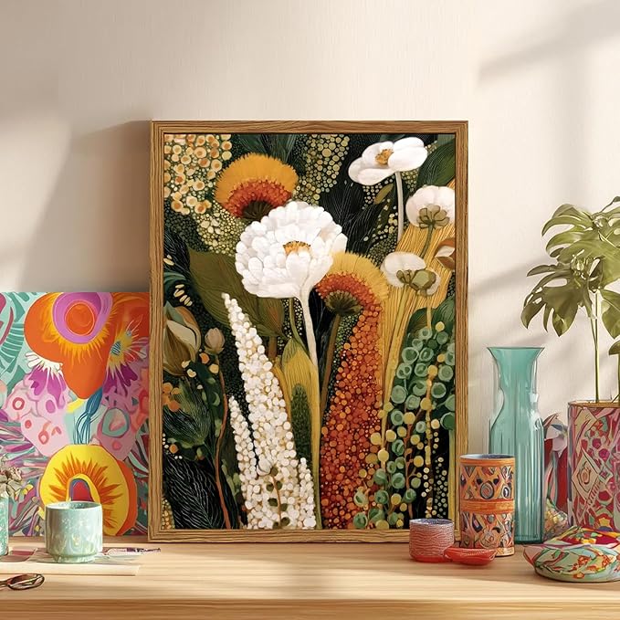 Framed Vintage Floral Canvas Wall Art, Abstract Flower Pictures Wall Decor, Boho Wildflower Botanical Paintings Prints Mid Century Modern Home Decor Aesthetic for Living Room Bedroom 16x24 inch