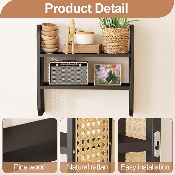 2-Tier Black Rattan Wall Shelf, Cute Hanging Book Shelves Storage, Decorative Natural Display Shelves, Boho Floating Shelf for Nursery, Bedroom, Living Room