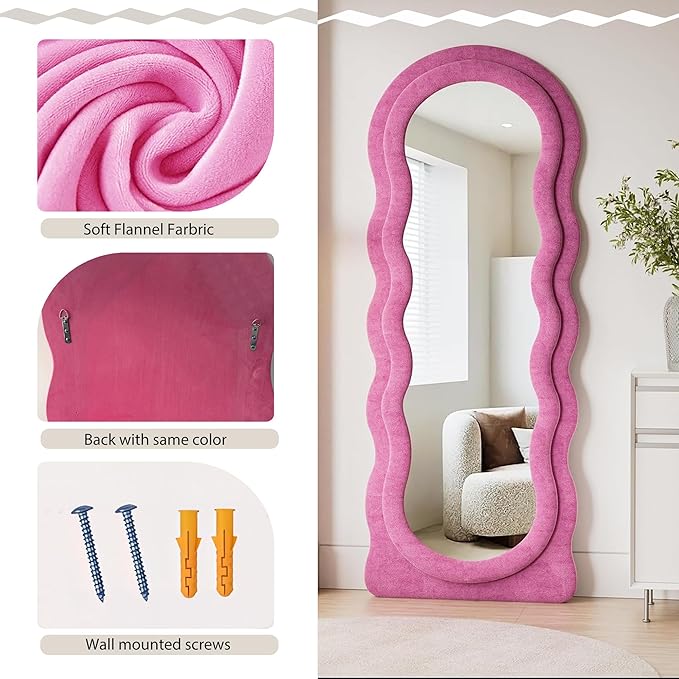 Dewfig Full Length Mirror, 63" x 24" Irregular Wavy Mirror, Large Floor Length Mirrors Wall Mounted, Standing Wavy Mirrors with Flannel Wrapped Wooden Frame for Bedroom/Living Room, Hot Pink