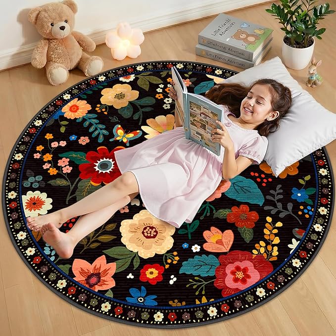 RELEANY Floral Nursery 4ft Area Rugs Washable Print Boho Cute Carpet Non Slip Flower Low Pile for Living Room Kids Girls Playroom Bedroom Kitchen Office Farmhouse-Black