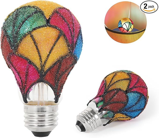 Stained Glass LED Light Bulb, 3.5W E26 Base A19/A60 Color Bulb 120V, Frosted Ambiance Bulb for Home Lighting, Party, Festive Decoration, 2 Pack Non-Dimmable