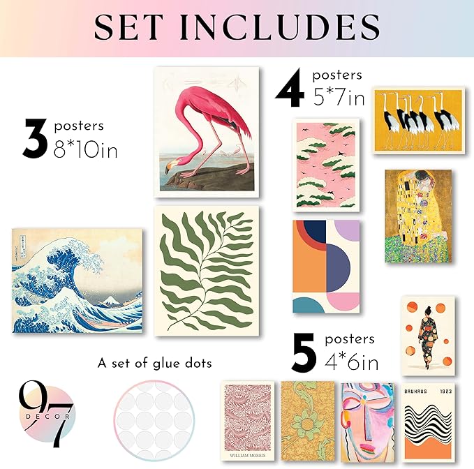 97 Decor Artsy Eclectic Wall Art - Boho Maximalist, Trendy Gallery Wall Art, Famous Artist Posters, Colorful Japanese Wall Decor Aesthetic Pictures for Home Bedroom (Unframed)