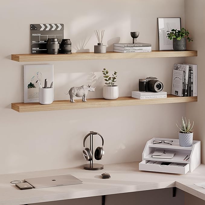 Ballucci Floating Shelves, 55" Wood Wall Shelf Set of 2, with Invisible Brackets for Bathroom, Living Room, Bedroom, Kitchen, Nursery, 6" Deep, Oak