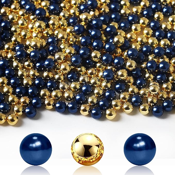 1400Pcs Navy Blue and Bright Gold Vase Filler Pearl Beads for Crafting 8mm Beads No Holes Decor Suitable for Wedding Decor, Party Decorations, Centerpiece Table Decorations