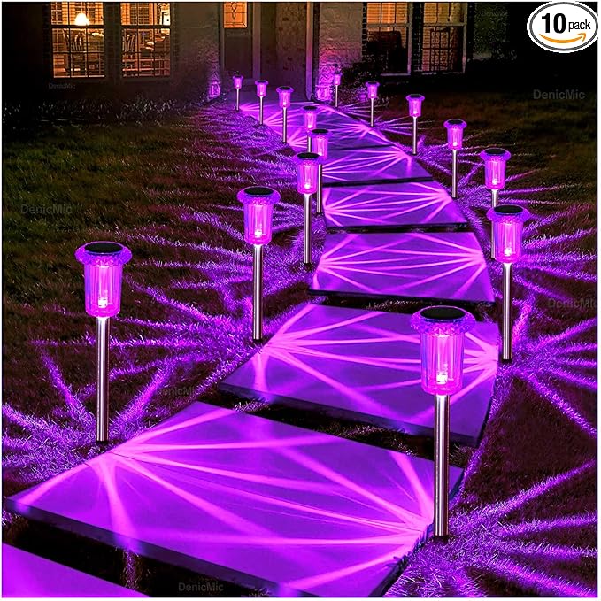 DenicMic Solar Lights Outdoor 10 Pack Waterproof Purple LED Stainless Steel Stake Outside Lights for Yard Pathway Garden Driveway Walkway Landscape Path Lighting Halloween Decorations Outdoor