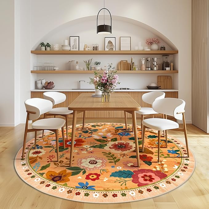 RELEANY Floral Nursery 6ft Area Rugs Washable Print Boho Cute Carpet Non Slip Flower Low Pile for Living Room Kids Girls Playroom Bedroom Kitchen Office Farmhouse-Yellow/Orange