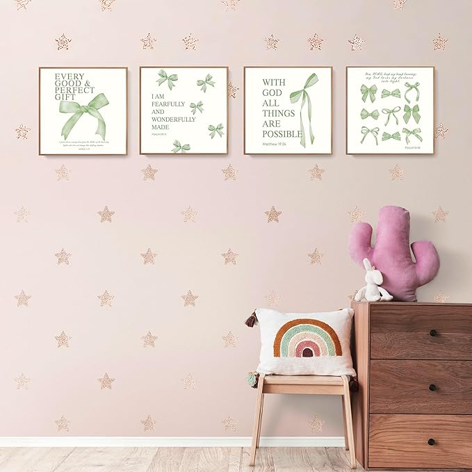 LARTSFRO Coquette Sage Green Bow Wall Art Decor Posters, Sage Green Bow Room Bedroom Bathroom Wall Art Decor Aesthetic for Teen Girls Gifts, Inspirational Bible Verses Bow Wall Decor, 10x10 Inch Set of 4 Bow Pictures Unframed