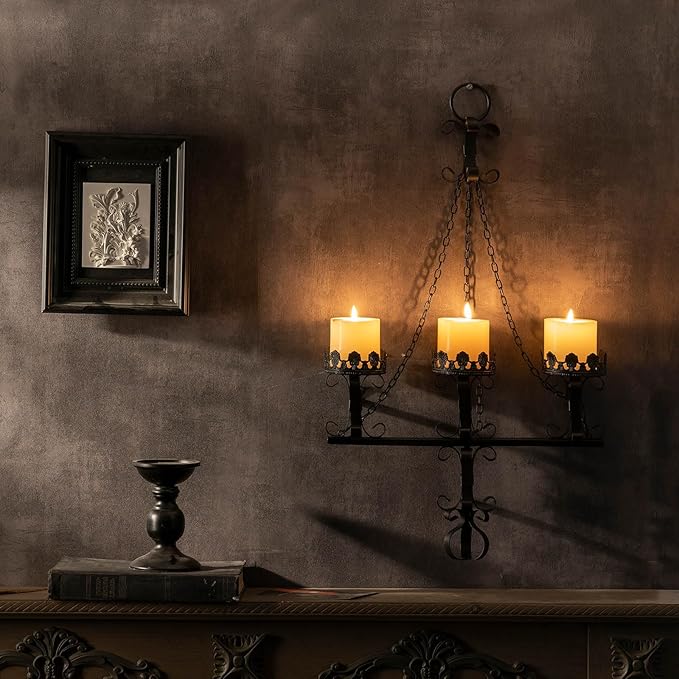 Black Wall Candle Sconces,3 Iron Candelabra,Gothic Victorian Decor,Rustic wall Candle Holder for Bathroom,Living Room,Dining Room Indoor Outdoor Use