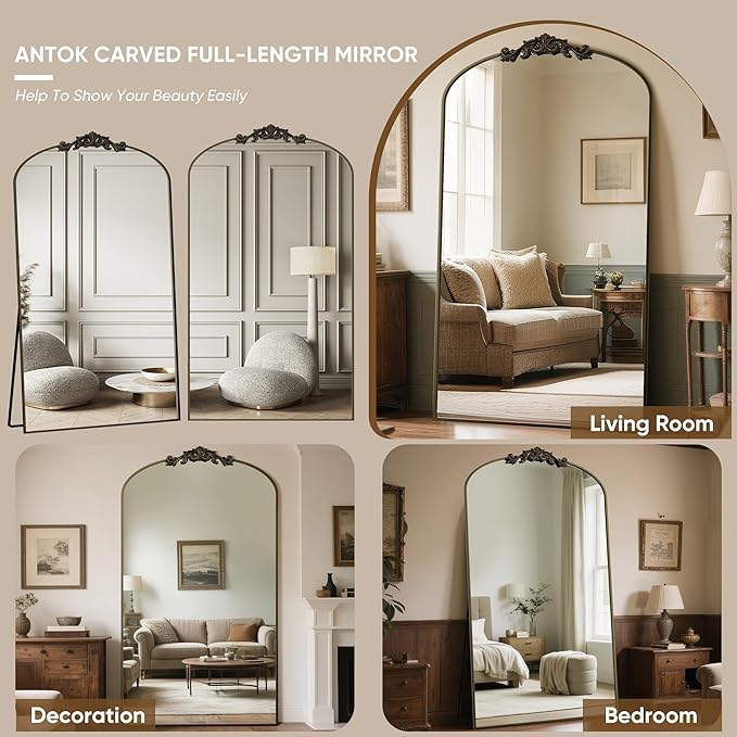 Antok Arched Full Length Mirror, 81"x41" Floor Mirror with Carved, Full Body Mirrors for HomeDecor, Standing/Halling Large Wall Mirror for Bedroom, Living Room, Cloakroom, Bronze, Retro Style
