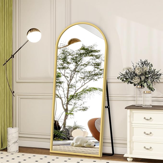 GlasFlength 56" x 18" Full Length Mirror with Stand, Arched Aluminum Alloy Frame, Versatile Standing, Hanging, or Leaning Wall/Floor Mirror for Bedroom, Living Room, or Entryway, Gold